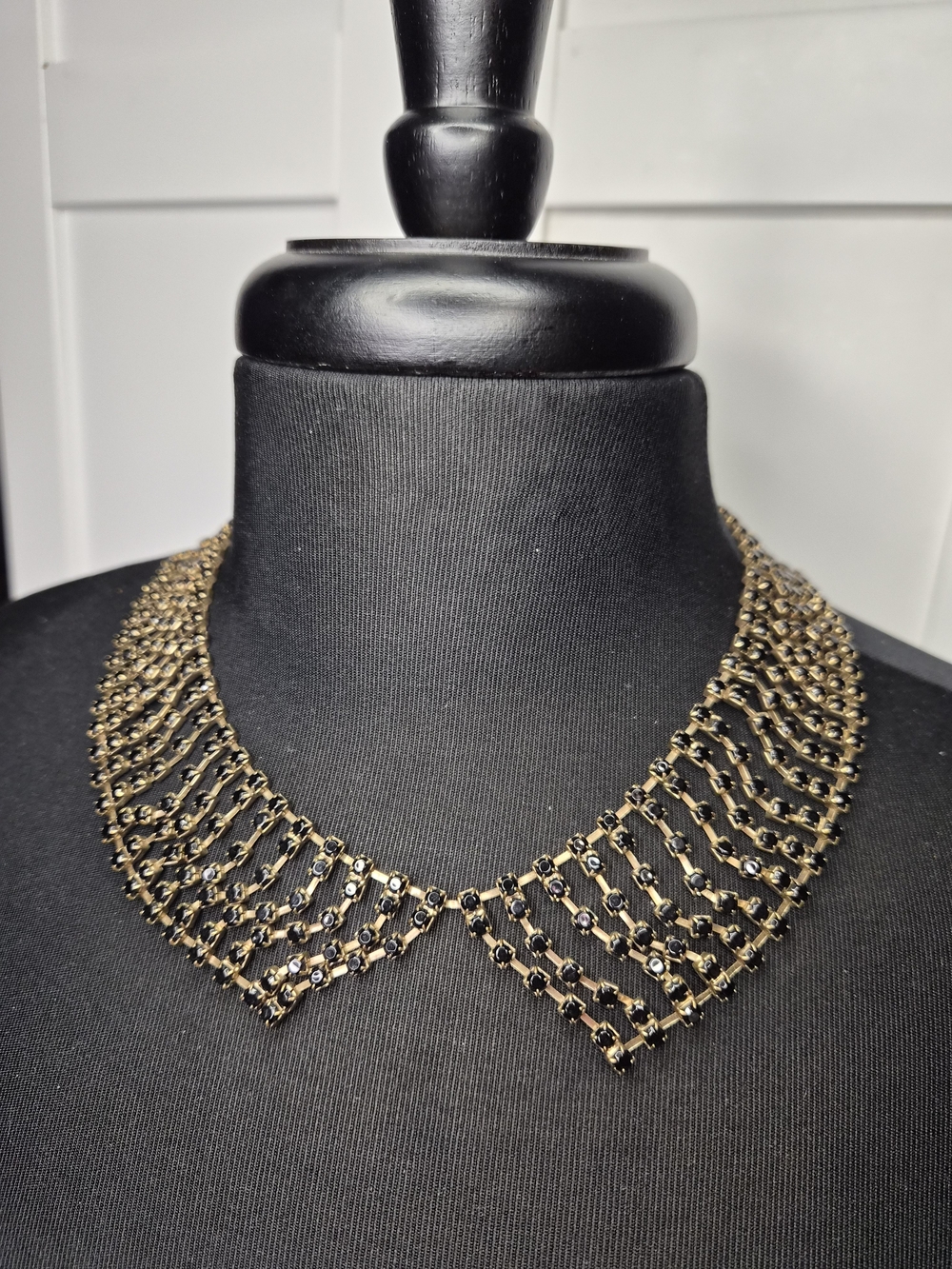 Vintage Rhinestone Peter Pan Collar Necklace Gold Black Crysta Fashion Jewelry